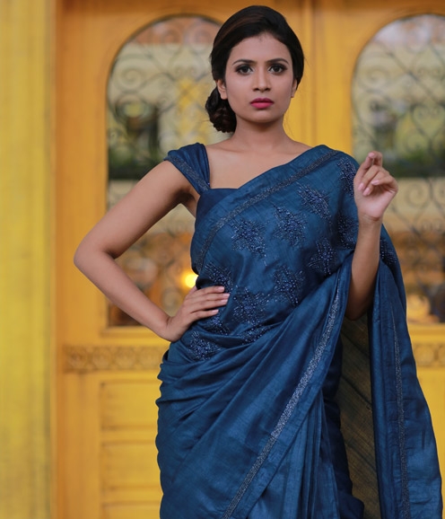 Navy Blue Linen with Pearl Embroidery