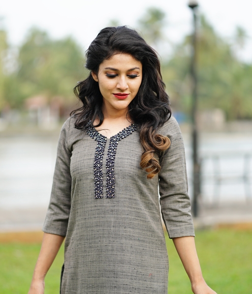Charcoal Shaded Cotton Mix Kurti with Pearl Work