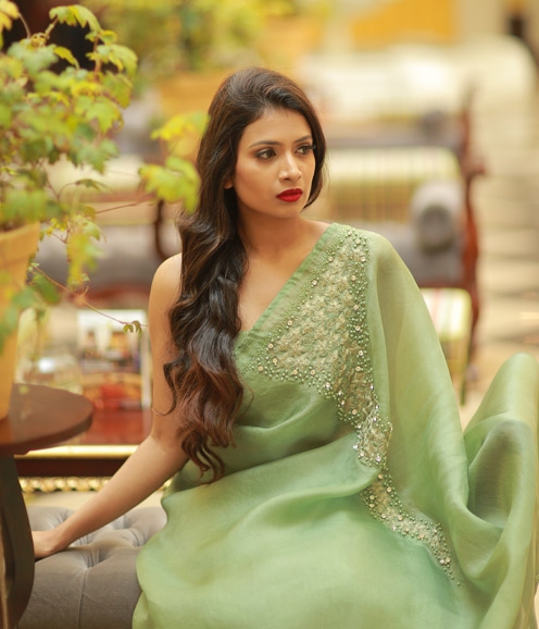 Mint Green Organza Saree with Crystal and Stone Highlights.