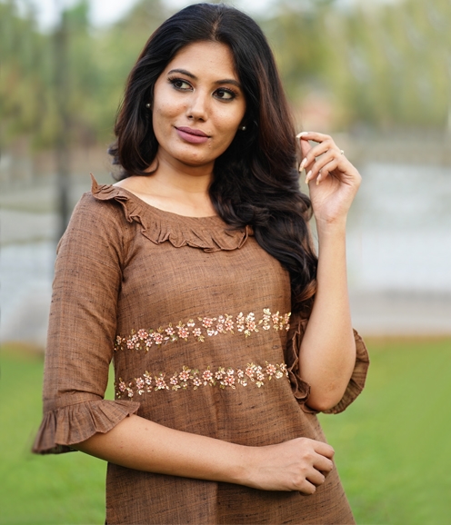 Chocolate Brown Linen Kurti with Applique ( Unstitched )