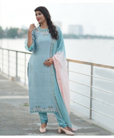   Ice Blue silk suit with thread work and applique highlights