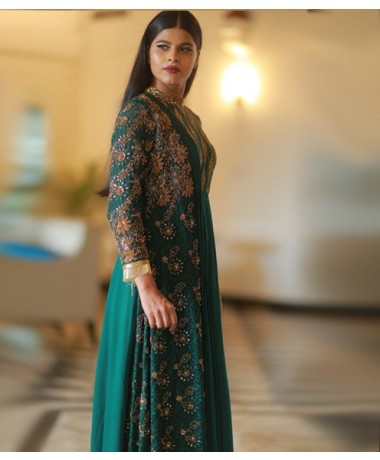Bottle Green Gown with Zardosi Highlights