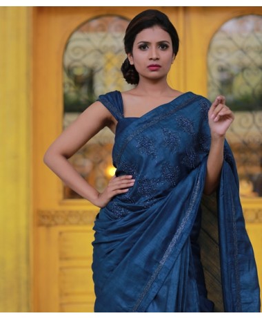 Navy Blue Linen with Pearl Embroidery