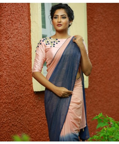 Peach Navy blue shimmer  Georgette Saree and Pink Blouse with Thread Work only 