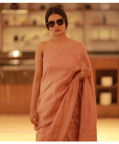 Nude Shade Linen Saree with Pearl and Handwork Highlights