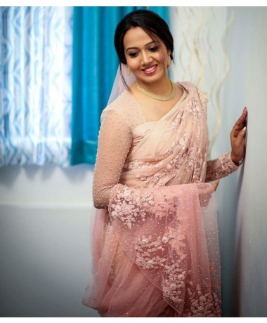 Pink Bridal Saree with Appilque Highlights